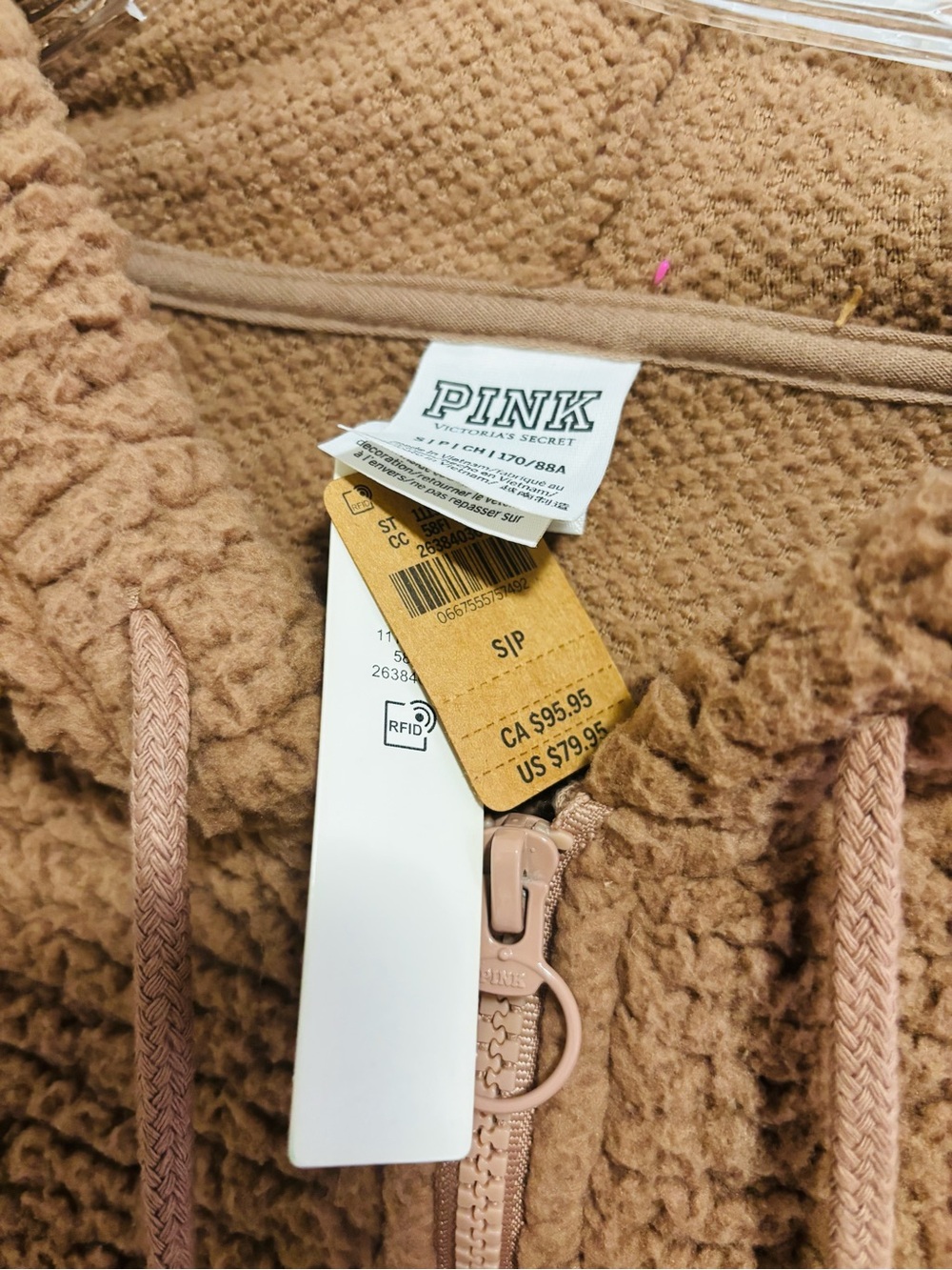 PINK VICTORIA SECRET, NWT Cozy Hooded Sherpa Pullover Sweater in Brown, Size SP - Picture 5 of 6